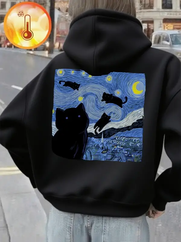 Yıldızlı Kedi Gece Baskı Kapüşonlular Kadın Rahat Yumuşak Kazak Sokak Gevşek Kazak Kış Polar