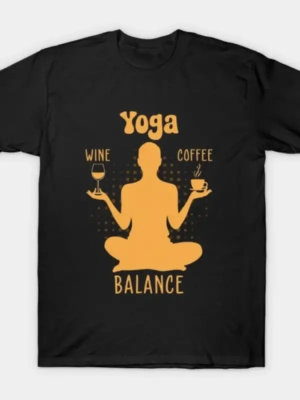 Yoga Denge Kahve ve Şarap Yoga Sevgilisi Komik Hediye T-shirt Erkekler Kadınlar Için % 100% P