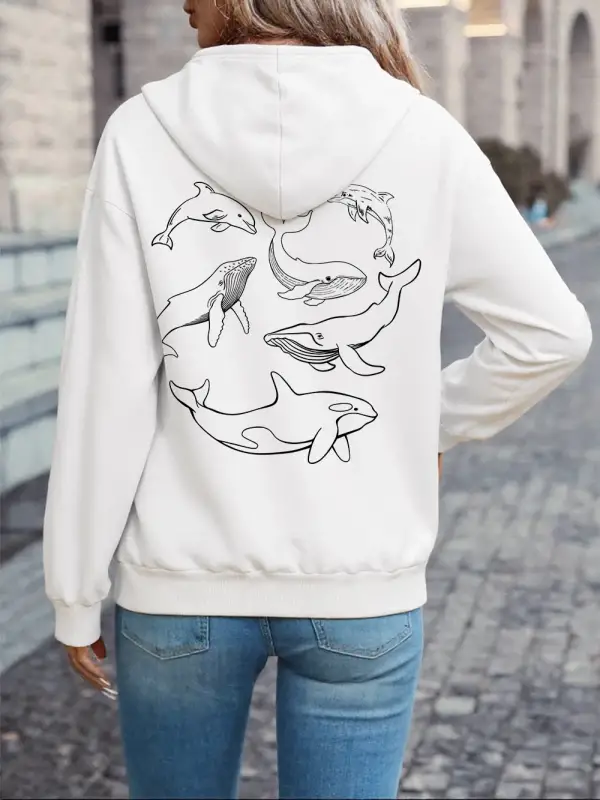 Yunus Kamburluk Balinası Orka Baskılı Kapüşonlu Üstler Kadın Temel Bol Sweatshirtler Kışlık P