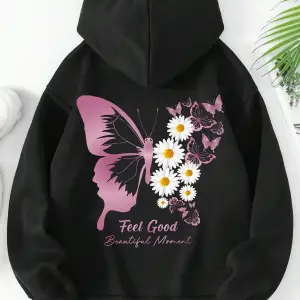 . Essnce Floral & Butterfly Print Kangaroo Pocket Drawstring Hoodie Siyah