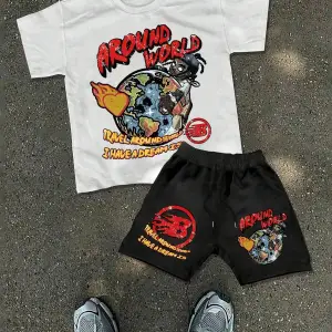 2 adet/takım Erkek Yaz Rahat Spor Düz Renk Mürettebat Tişört ve Şort Takımı