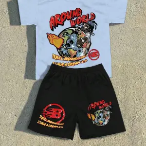 2 adet/takım Erkek Yaz Rahat Spor Düz Renk Mürettebat Tişört ve Şort Takımı