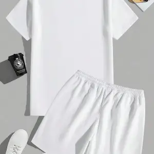 2 adet/takım Erkek Yaz Rahat Spor Düz Renk Mürettebat Tişört ve Şort Takımı