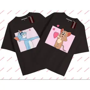 2 Adet Tir Çift Sevgili Tom And Jerry Cartoons Unisex Siyah T-shirt Siyah T-shirt