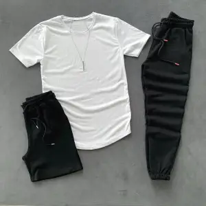 3lü Siyah Beyaz Eşofman Takımı T-shirt Şort Eşofman Altı Kombin Düzjozatakım