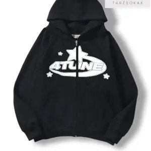 4 Tune Baskılı Örme Pamuk 2 Iplik Fermuarlı Hırka Siyah