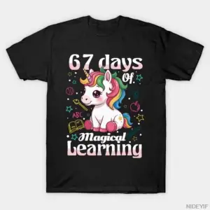 67. Okul Günü Unicorn Kızlar 67 Gün Okul Erkekler Kadınlar İçin Tişört %100 Pamuklu Tişörtler