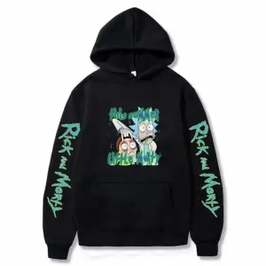 Kapüşonlu Rıck And Morty Göğüs Baskılı Oversize Yeni Stil Spor Erkek Sweatshırt Siyah