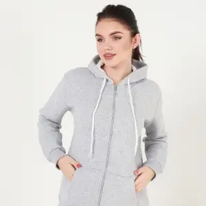 Gri Kapüşonlu Fermuarlı Sweatshirt