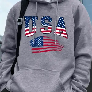 Abd Amerika Bayrağı Baskı Erkek Tişörtü Kış Polar Sıcak Kapüşonlular Temelleri Büyük Boy Cep