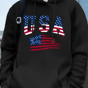 Abd Amerika Bayrağı Baskı Erkek Tişörtü Kış Polar Sıcak Kapüşonlular Temelleri Büyük Boy Cep