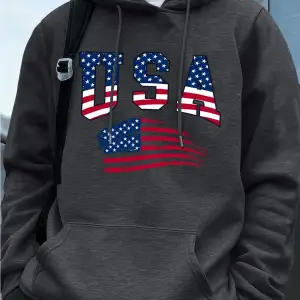 Abd Amerika Bayrağı Baskı Erkek Tişörtü Kış Polar Sıcak Kapüşonlular Temelleri Büyük Boy Cep