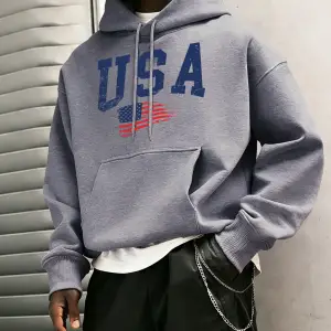 ABD Harfli Amerikan Bayrağı Baskılı Erkek Klasik Kapüşonlu Sokak Stili Günlük Polar Sweatshir