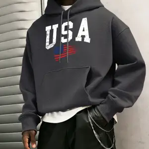 ABD Harfli Amerikan Bayrağı Baskılı Erkek Klasik Kapüşonlu Sokak Stili Günlük Polar Sweatshir