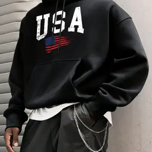 ABD Harfli Amerikan Bayrağı Baskılı Erkek Klasik Kapüşonlu Sokak Stili Günlük Polar Sweatshir