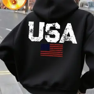 ABD Mektubu Amerikan Bayrağı Baskılı Kapüşonlu Üstler Kadınlar İçin Kışlık Polar Sıcak Kazak