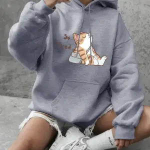 Abstract Cat Is Too Tired Baskılı Tişörtler Bayan Temel Ürünleri Bisiklet Yaka Kapüşonlu Üstl