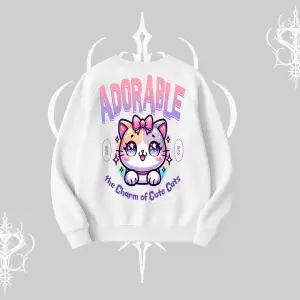 Adorable Kawaii Kedi Arka Baskılı Biskilet Sweatshirt