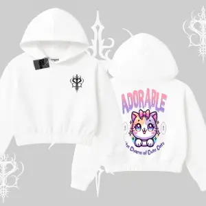 Adorable Kawaii Kedi Arka Baskılı Kapşonlu Crop Sweatshirt