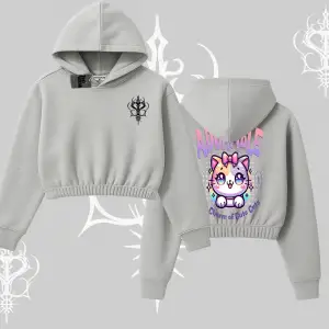 Adorable Kawaii Kedi Arka Baskılı Kapşonlu Crop Sweatshirt