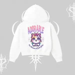 Adorable Kawaii Kedi Arka Baskılı Kapşonlu Crop Sweatshirt