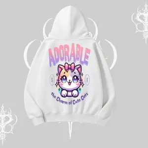 Adorable Kawaii Kedi Arka Baskılı Kapşonlu Sweatshirt
