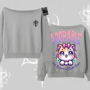 Adorable Kawaii Kedi Arka Baskılı Kayık Yaka Sweatshirt
