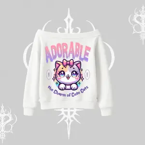 Adorable Kawaii Kedi Arka Baskılı Kayık Yaka Sweatshirt