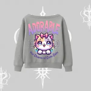 Adorable Kawaii Kedi Arka Baskılı Kayık Yaka Sweatshirt
