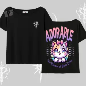 Adorable Kawaii Kedi Arka Baskılı Kayık Yaka Tshirt