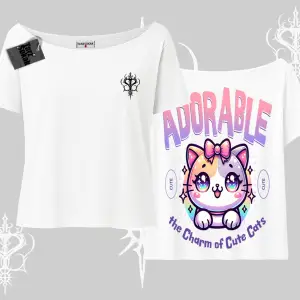 Adorable Kawaii Kedi Arka Baskılı Kayık Yaka Tshirt