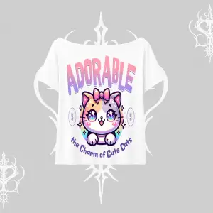 Adorable Kawaii Kedi Arka Baskılı Kayık Yaka Tshirt