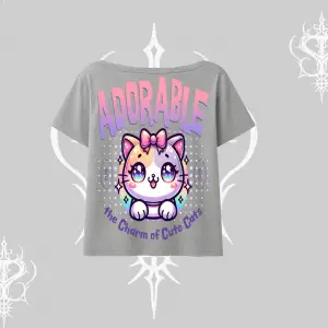 Adorable Kawaii Kedi Arka Baskılı Kayık Yaka Tshirt