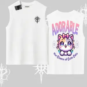 Adorable Kawaii Kedi Arka Baskılı Kolsuz Tshirt