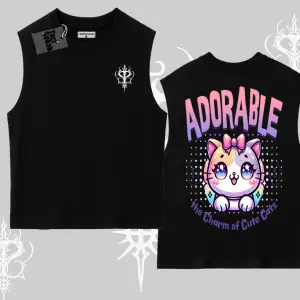 Adorable Kawaii Kedi Arka Baskılı Kolsuz Tshirt