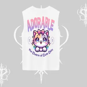 Adorable Kawaii Kedi Arka Baskılı Kolsuz Tshirt