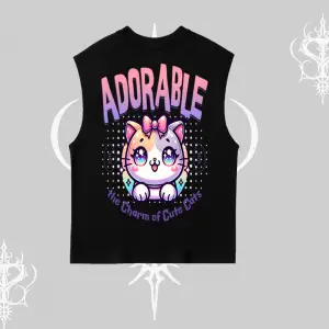 Adorable Kawaii Kedi Arka Baskılı Kolsuz Tshirt