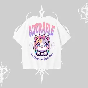 Adorable Kawaii Kedi Arka Baskılı Oversize Tshirt