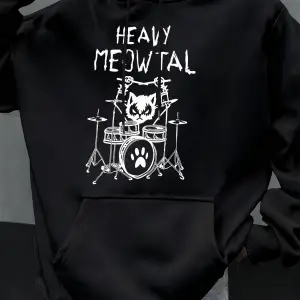 Ağır Meowtal kediler davul çalan komik tasarım erkekler kapüşonlu svetşörtler cepli kapüşonlu