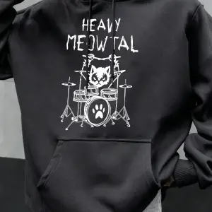 Ağır Meowtal kediler davul çalan komik tasarım erkekler kapüşonlu svetşörtler cepli kapüşonlu