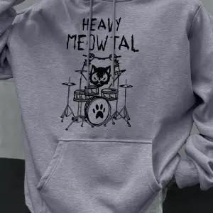 Ağır Meowtal kediler davul çalan komik tasarım erkekler kapüşonlu svetşörtler cepli kapüşonlu
