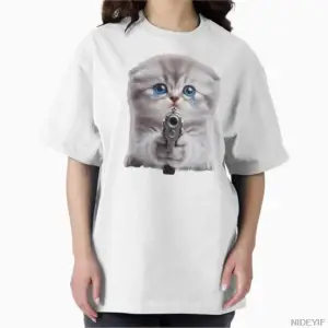 Ağlayan Kedi Silah Tutan Sad Meme T-shirt Erkekler Kadınlar Için % 100% Pamuk T Shirt Kısa Ko