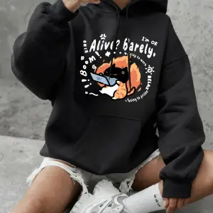 Alive Barely Cat Prints Hoodie Kadın Temel Ürünleri Bisiklet Yaka Kazak Günlük Bol Kazak Kışl