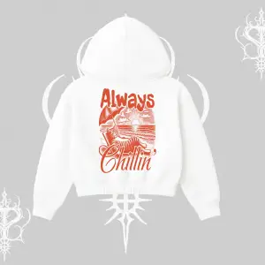 Always Chillin Kedi Arka Baskılı Kapşonlu Crop Sweatshirt