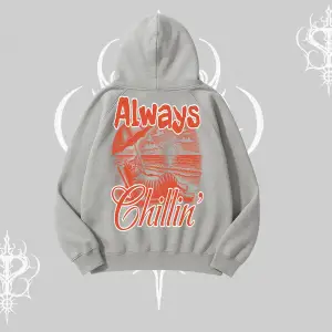 Always Chillin Kedi Arka Baskılı Kapşonlu Sweatshirt