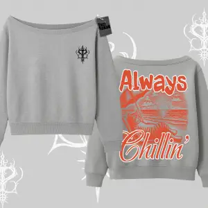 Always Chillin Kedi Arka Baskılı Kayık Yaka Sweatshirt