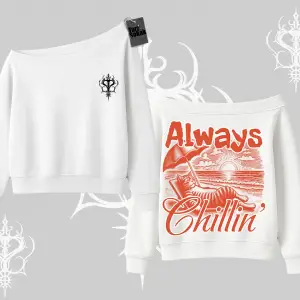 Always Chillin Kedi Arka Baskılı Kayık Yaka Sweatshirt