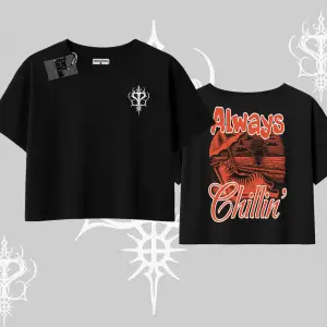 Always Chillin Kedi Arka Baskılı Oversize Crop Tshirt