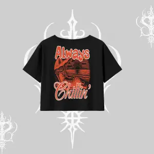 Always Chillin Kedi Arka Baskılı Oversize Crop Tshirt