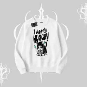 Am Hungry Kedi Baskılı Biskilet Sweatshirt